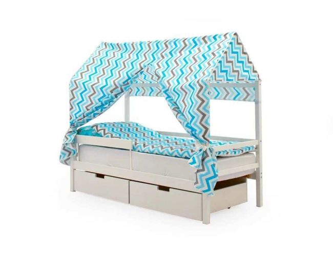 Крыша текстильная Бельмарко для кровати-домика Svogen "зигзаги синий, голубой, графит, фон белый"