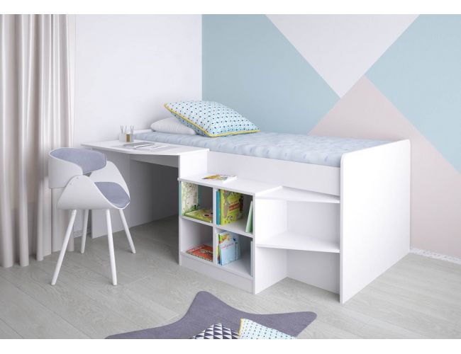 Кровать-чердак детская Polini kids Simple со столом и полками 4000, белый