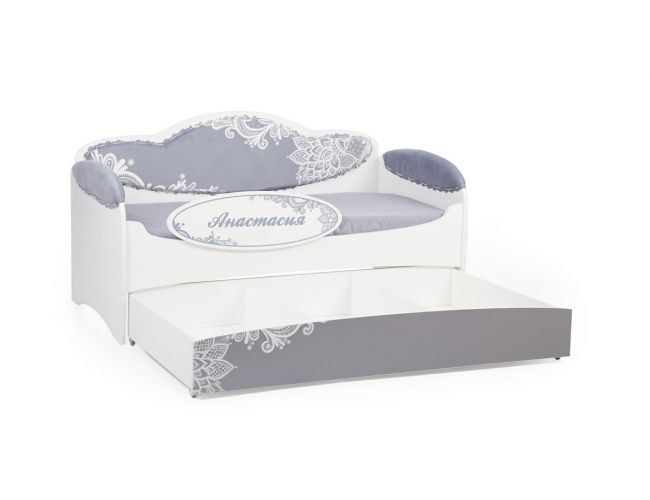 Диван-кровать для девочек Mia Шиншила (184х93х91, С вместительным ящиком, С бортиком безопасности, Заказное имя на бортике)