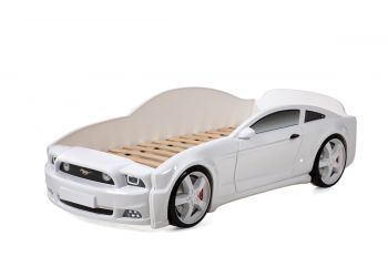 Кровать-машина LIGHT 3D "Мустанг" белая (Без подсветки фар, Без подсветки дна, Без заказного номера)